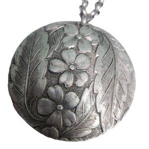 Pressed Pewter Floral Medallion Necklace Chain Silver Tone Pansy Flower 12.5"